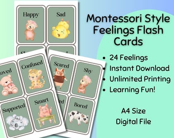24 Feelings Emotions Flashcards| Instant Download | Montessori Learning | Homeschool Kindergarten | Preschool Flash Card | Instant Download