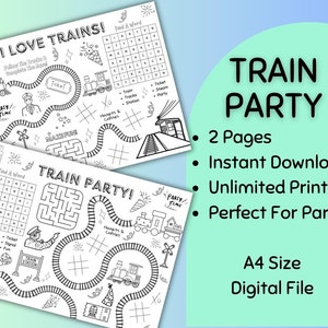 May include: Two black and white printable activity sheets for a train party. The sheets include a maze, word search, connect the dots, and other activities. The sheets are labeled "I Love Trains!" and "Train Party!" and are designed for children.