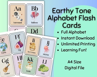 Earthy Tone Alphabet Cards | Instant Download | Montessori Learning | Homeschool Kindergarten | Preschool Flash Card | Instant Download