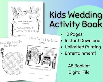 May include: Black and white printable activity book for kids featuring a wedding theme. The cover shows a bride and groom dancing, a camera, and hearts. The book includes 10 pages of activities, such as coloring, mazes, and I Spy games.  The book is available as a digital download and can be printed as many times as needed.