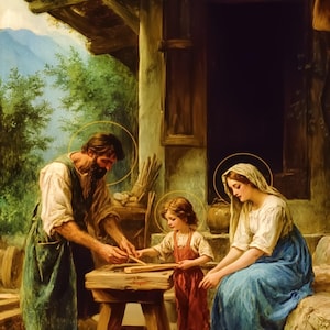 May include: A painting depicting a family scene with a man working on a wooden table, a woman sitting beside him, and a child standing nearby. The man is wearing a brown tunic and a blue apron, while the woman is wearing a blue dress and a white head covering. The child is wearing a red dress and a white shirt. The painting is set in a rustic setting with a wooden house and a green landscape in the background.