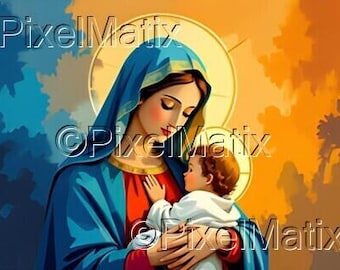 Holy Mother and Child - Madonna with Baby Jesus - Abstract Painting - Digital Download