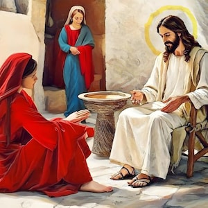 Jesus at the House of Martha and Mary - Mary Sitting at Jesus&#39; Feet and Listening - Martha Annoyed and Complains - Digital Download