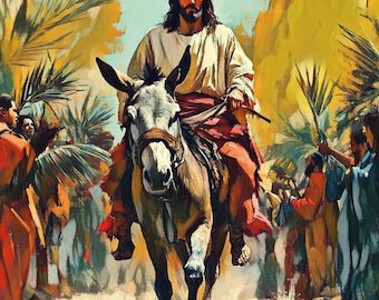 Jesus Riding Into Jerusalem on the Colt of a Donkey - Palm Sunday - People Singing Hosanna - Set of 2 Images - Digital Download