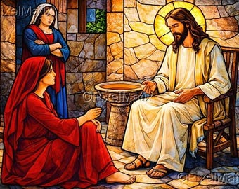 Jesus at the House of Martha and Mary - Mary Sitting at Jesus' Feet and Listening - Martha Annoyed - Stained Glass Style - Digital Download
