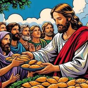 Jezus voedt de vijfduizend met vijf broden en twee vissen - schilderij van goddelijke voorziening - digitale download