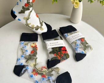 Floral Glass Silk Socks: Summer Sheer Embroidered Socks