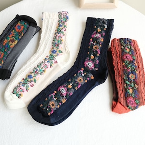 Vintage Embroidered Floral Socks: Ladies Casual Cotton Blend