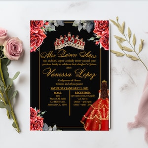 Convite para Quinceañera Vermelho e Dourado para download instantâneo