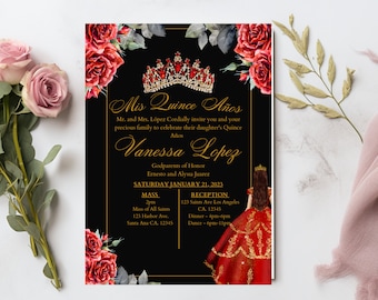 Convite para Quinceañera Vermelho e Dourado para download instantâneo