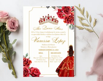 Convite Editável Vermelho e Dourado Instantâneo Quinceanera