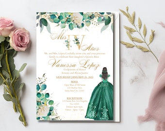 May include: A Quinceañera invitation with a gold and green floral design. The invitation features a young woman in a green gown and the text "Mis Quince Años Vanessa Lopez". The invitation includes details for the Mass and Reception.