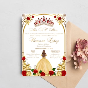 Editable Quinceañera invitation, Rose Princess Theme, Bilingual Template (English & Spanish),Digital Download