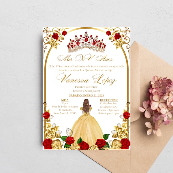 Editable Quinceañera invitation, Rose Princess Theme, Bilingual Template (English & Spanish),Digital Download