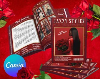 May include: A digital magazine template titled Jazzy Styles Orlando Valentines Edition Issue 2025, featuring a dark-haired person in a red dress holding red roses. The layout includes a style search word puzzle, hair style categories, and text.