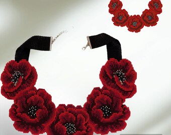 Pattern of the “Red Poppies” necklace using two different techniques. 1 pdf file in peyote, 2 pdf files in loom.