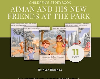 Op de afbeelding: Een kinderboek getiteld "Aiman en zijn nieuwe vrienden in het park" met illustraties van kinderen en een parkomgeving. De cover toont de titel, de naam van de auteur en het aantal pagina's. Het boek is een digitale editie.