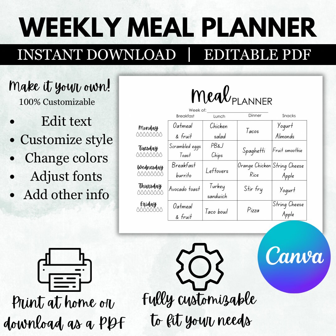 Meal Planner Printable Weekly Food Diary Meal Tracker Meal - Etsy