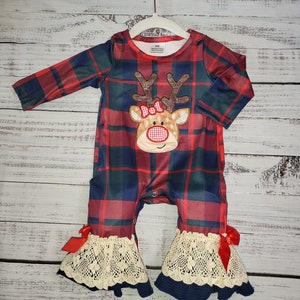 Plaid Reindeer Long Sleeve Romper