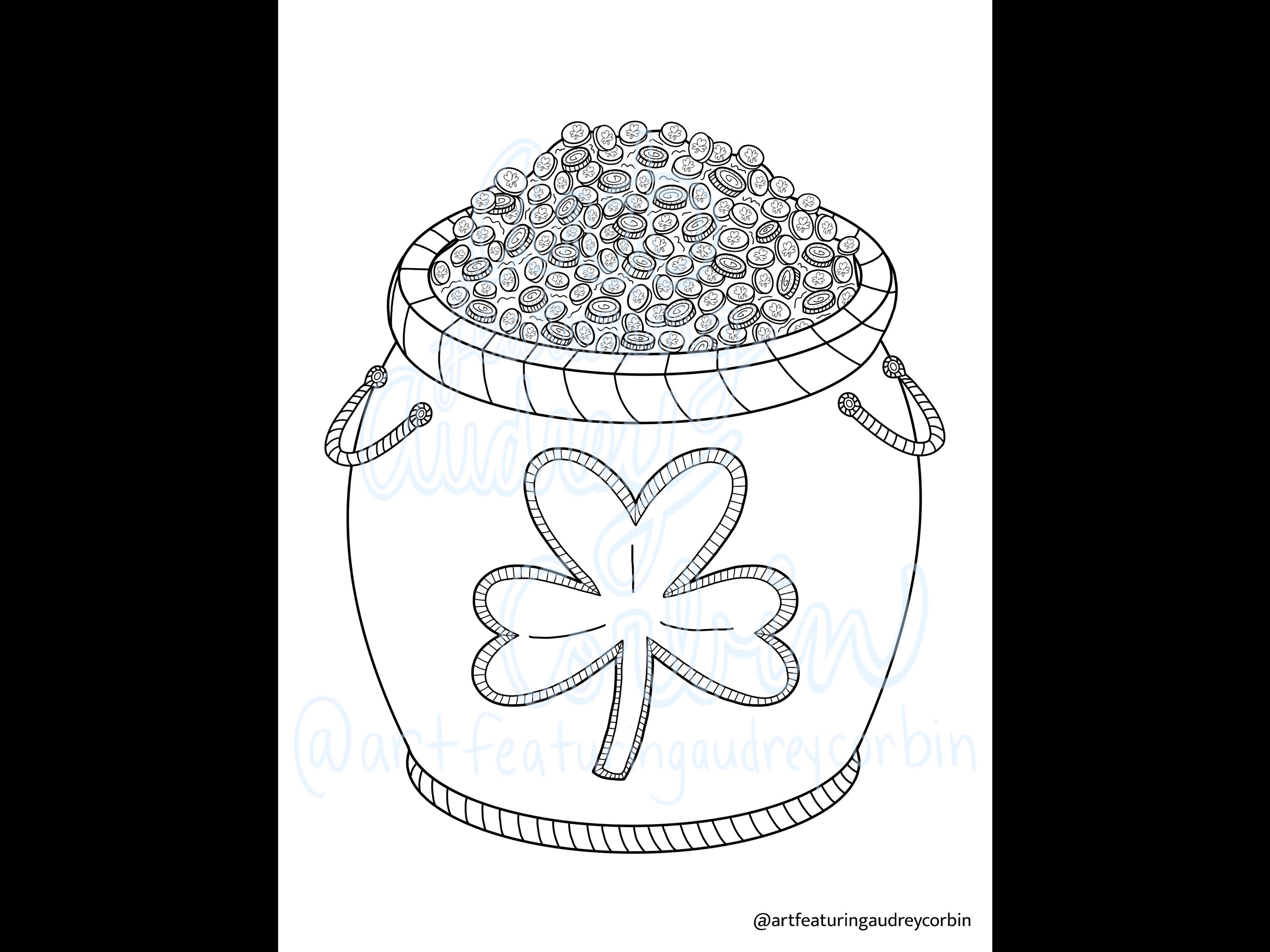 St Patrick Day Pot of Gold Coloring Page for Kids and Adults Instant ...