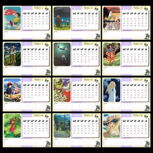 May include: A colorful calendar featuring illustrations from the animated film 'My Neighbor Totoro'. Each month is represented by a different scene from the movie, with the month name and number in Vietnamese.
