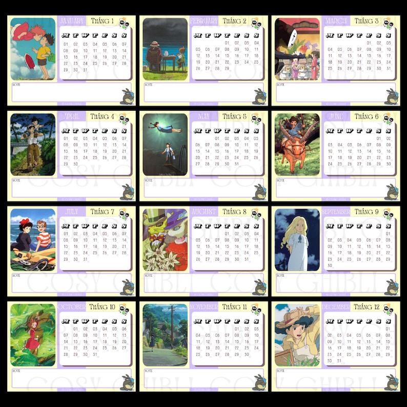 May include: A colorful calendar featuring illustrations from the animated film 'My Neighbor Totoro'. Each month is represented by a different scene from the movie, with the month name and number in Vietnamese.