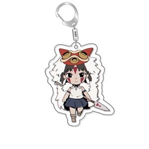 以下が含まれることがあります： 狼のマスクと槍を持った白と赤のアニメキャラクターのキーホルダー。キャラクターは白いシャツと青いスカートを着ています。キーホルダーは銀色のキーリングに取り付けられています。