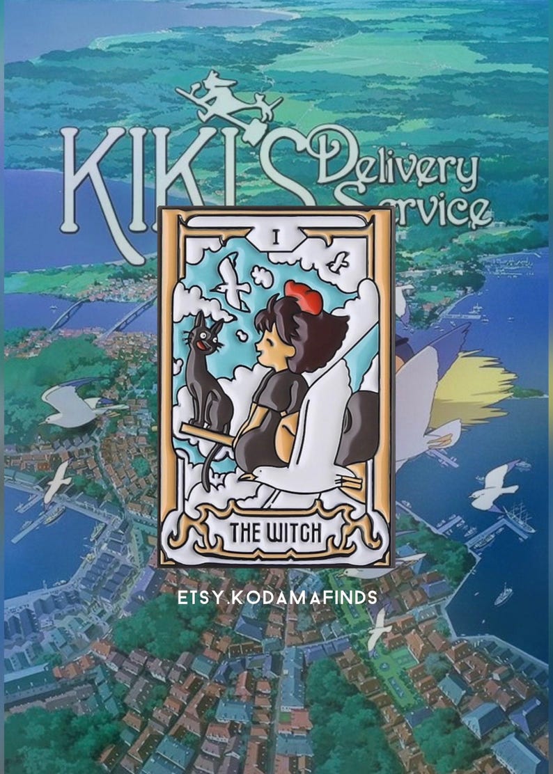 May include: A colorful enamel pin featuring Kiki from the movie Kiki's Delivery Service. The pin depicts Kiki flying on her broomstick with her black cat Jiji. The pin is a tarot card style design with the text "The Witch" and "I" in the top corner. The pin is a collectible item for fans of the movie.