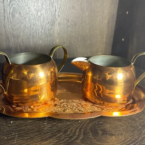 Vintage Creamer and Sugar Bowl Copper Set with Tray