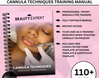 May include: A pink and white training manual titled "Cannula Techniques Training Manual" with the words "Beauty Expert" on the cover. The manual includes over 110 pages of information and resources for learning cannula techniques.
