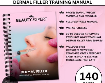 May include: A pink and white training manual for dermal fillers with the title "Dermal Filler Training Manual" and the text "Beauty Expert" on the cover. The manual includes 140 pages and features a close-up image of a person receiving a dermal filler injection.