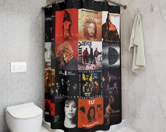 90s R&B Album Collage Shower Curtain | Retro Music Poster Bathroom Decor