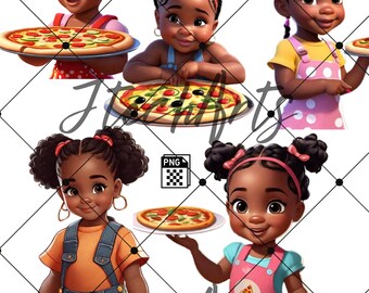 Könnte beinhalten: Vier Illustrationen von schwarzen Mädchen mit braunen Augen und braunen Haaren in Zöpfen, die verschiedene Outfits tragen und Pizzen halten. Die Mädchen lächeln und schauen den Betrachter an.