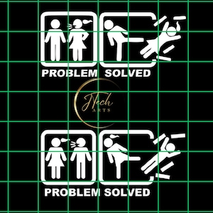 May include: A black graphic with white stick figures illustrating a relationship problem and solution. The text "PROBLEM SOLVED" appears below the images. The image is set against a green grid background.