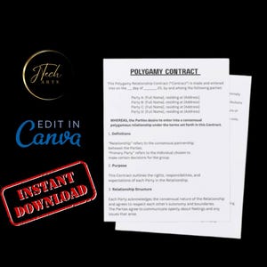 Op de afbeelding: Een document getiteld "Polygamiecontract" met tekst, inclusief definities en doel, wordt getoond. De afbeelding bevat ook de tekst "Edit in Canva" en "Instant Download" met een logo in de linkerbovenhoek.