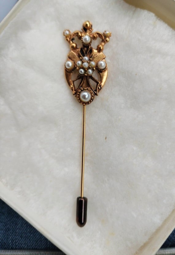 Florenza Revival Crown Faux Pearl Stick Pin Desig… - image 1