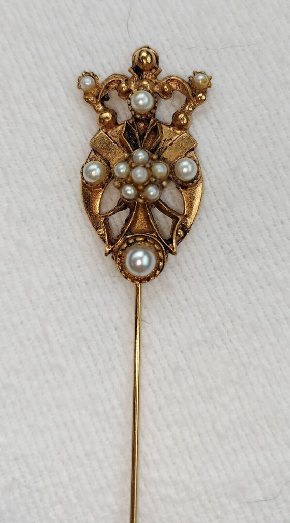 Florenza Revival Crown Faux Pearl Stick Pin Desig… - image 3