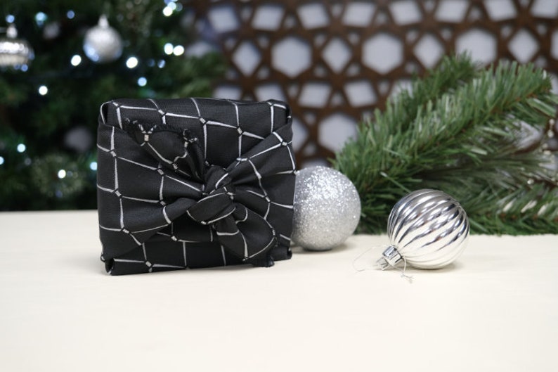 Furoshiki Gift Wrap, Stylish Diamond Black and Silver reusable wrapping cloths, wrapping paper, Christmas gift, Birthday gift, zero waste image 2
