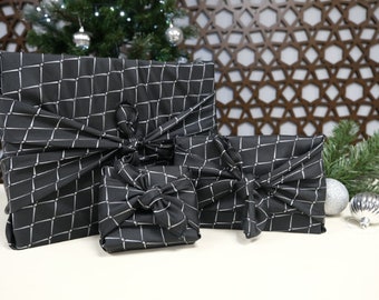 Furoshiki Gift Wrap, Stylish Diamond Black and Silver reusable wrapping cloths, wrapping paper, Christmas gift, Birthday gift, zero waste