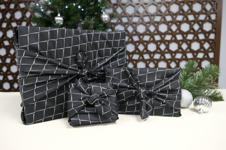 Furoshiki Gift Wrap, Stylish Diamond Black and Silver reusable wrapping cloths, wrapping paper, Christmas gift, Birthday gift, zero waste image 1