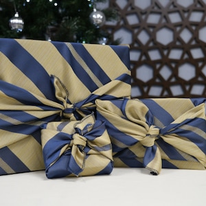 Furoshiki Gift Wrap, Royal Gold and Blue reusable wrapping cloths, wrapping paper, Christmas gift, Birthday gift, zero waste image 1