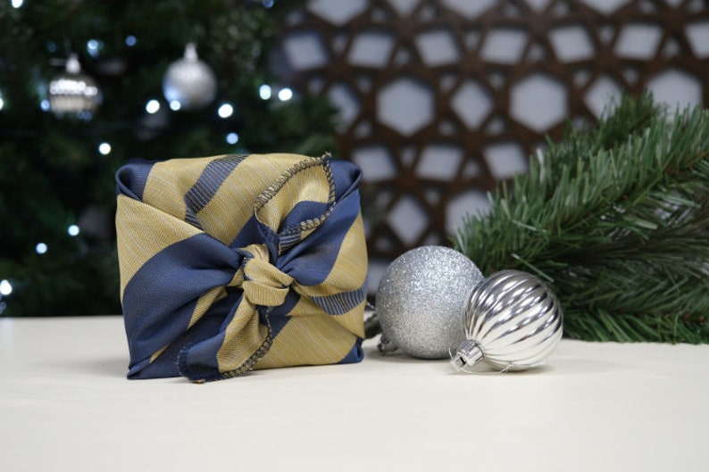 Furoshiki Gift Wrap, Royal Gold and Blue reusable wrapping cloths, wrapping paper, Christmas gift, Birthday gift, zero waste image 2