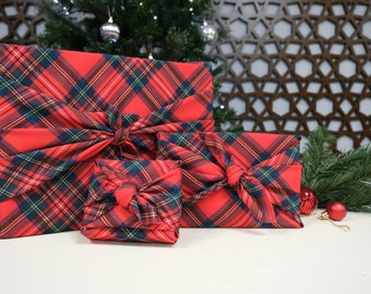 Furoshiki Gift Wrap, Tartan Red reusable wrapping cloths, wrapping paper, Christmas gift, Birthday gift, zero waste