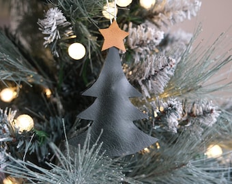Christmas Tree Decoration, Real Leather, Stuffed, Handmade, Festive Decoration, Bauble, Hanging Tree decoration, Gold Star, Secret Santa.