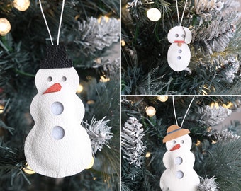 Snow people, Snowman, Snow woman, Snow Dog, Tree Decoration, Real Leather, Handmade, Stuffed, Festive, Bauble, Hanging Decoration, Gift tag