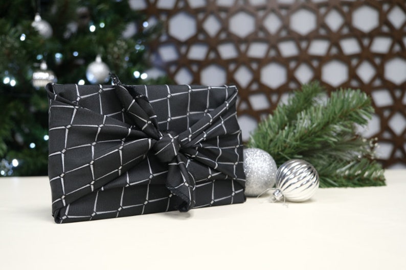 Furoshiki Gift Wrap, Stylish Diamond Black and Silver reusable wrapping cloths, wrapping paper, Christmas gift, Birthday gift, zero waste image 3