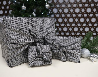 Furoshiki Gift Wrap, Glamorous reusable wrapping cloths in Silver and Black Oval, wrapping paper, Christmas gift, Birthday gift, zero waste