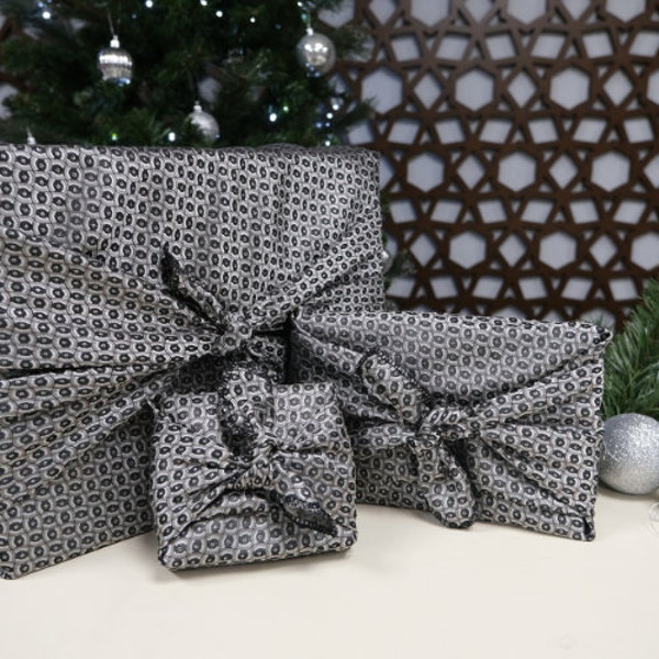 Furoshiki Gift Wrap, Glamorous reusable wrapping cloths in Silver and Black Oval, wrapping paper, Christmas gift, Birthday gift, zero waste