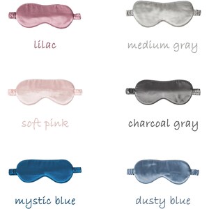 May include: Six different colours of silk sleep masks. The colours are lilac, medium grey, soft pink, charcoal grey, mystic blue, and dusty blue.