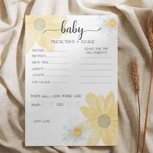 Baby Shower Predictions and Advice Card Sunflower Yellow - Printable Baby Predictions Card A5 PRINTING SIZE